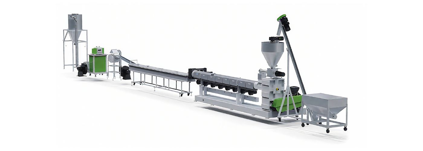 Rendering of a plastic extrusion line with a feed hopper, inclined loader, extruder and long cooling section