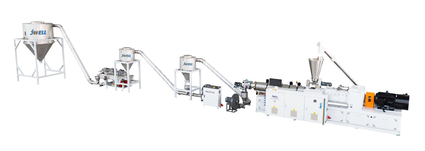 Rendering of a JWELL extrusion line with a material silo, conveying and mixing units and a white extruder