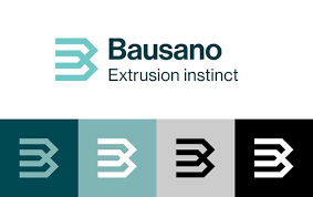 Bausano logo with the Extrusion instinct tagline, shown with four color variants of its emblem
