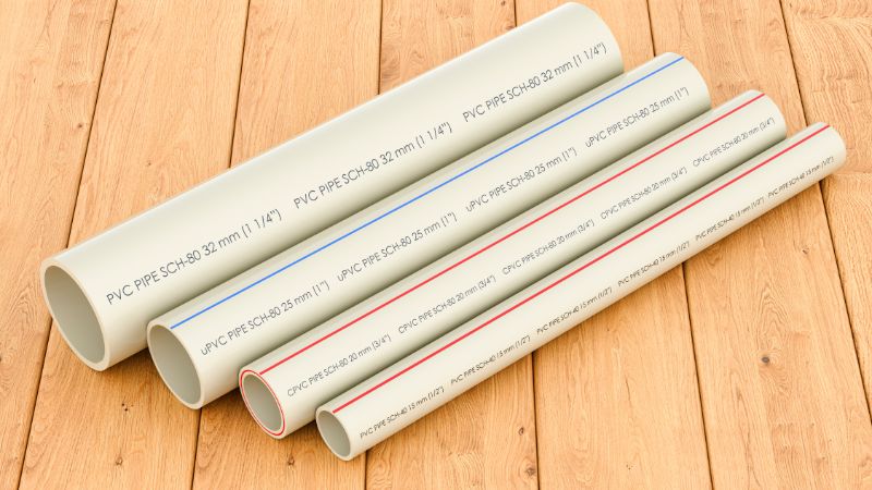 Four cream-colored PVC and CPVC pipes of different diameters with printed markings, lying on wooden boards