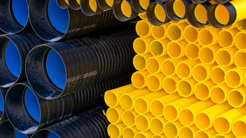Piles de tubes annelés double paroi en plastique noirs et jaunes de différents diamètres