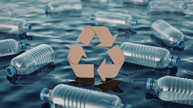 Botol plastik lut sinar kosong terapung di air gelap di sekeliling simbol kitar semula berwarna perang kadbod