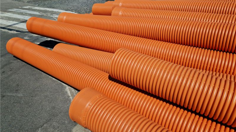 Orange corrugated plastic pipes with wider bell ends lying in a pile on pavement beside a road marking