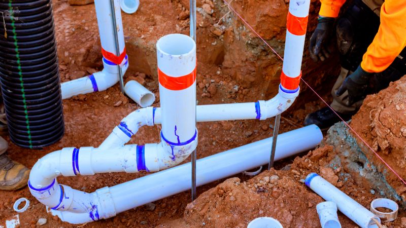 Worker in orange laying white plastic drain pipes and fittings in a dug trench beside a black corrugated pipe