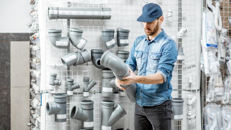Man in a cap and denim shirt choosing a grey plastic drainage elbow from a pipe fitting display rack