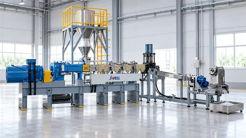 Jwell PET bottle flakes recycling pelletizing machine for uniform recycled pellets.