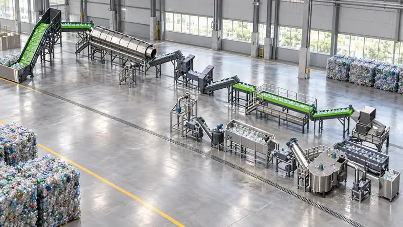 Jwell PET bottle washing line with staged conveying, washing and dewatering equipment.