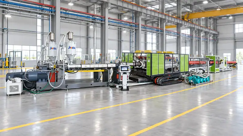 Jwell horizontal double-wall corrugated pipe line showing scale, utility routing and aisle planning.