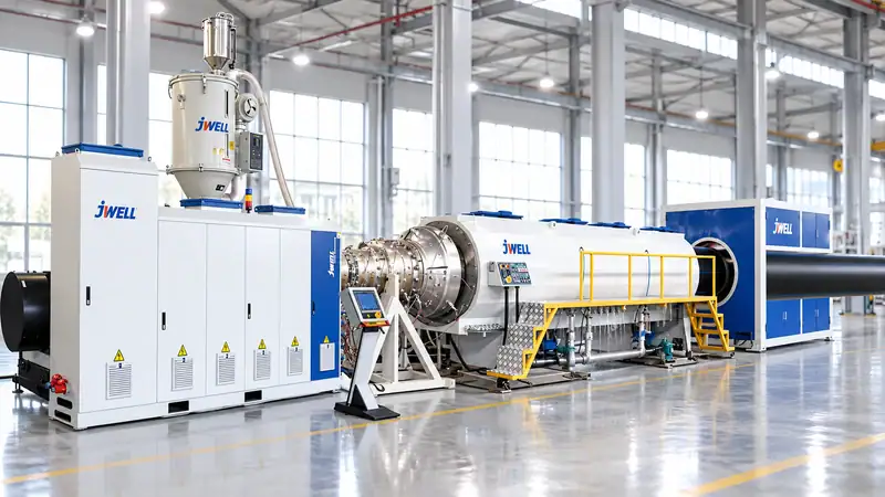 Jwell PE insulation pipe extrusion line with die, calibration, spray cooling and haul-off sections.