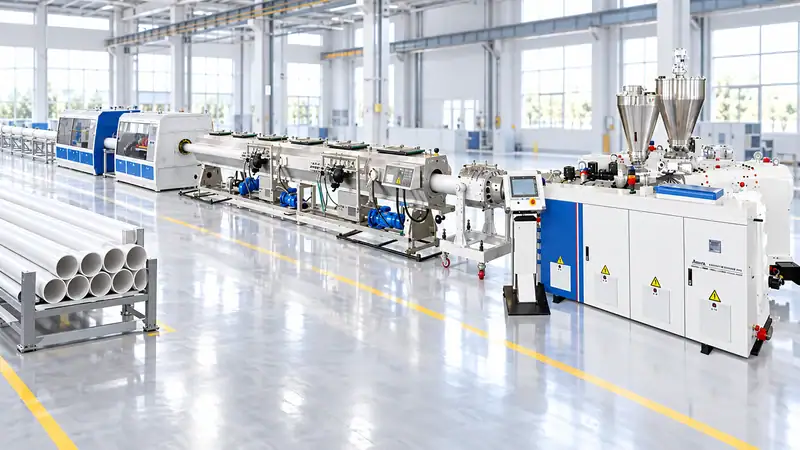 Jwell three-layer PVC solid-wall pipe co-extrusion line with controlled forming and downstream handling.