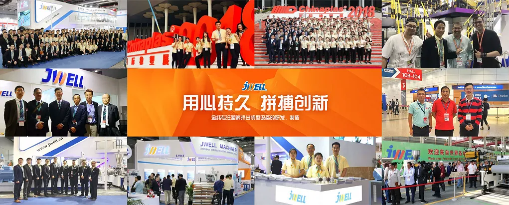 Collage of JWELL teams, customers, and international exhibition appearances