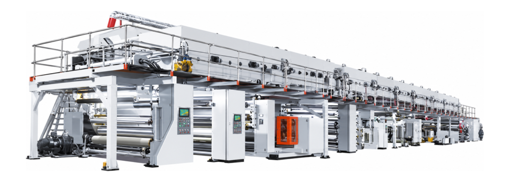 JWELL functional packaging coating and laminating line with overhead catwalk on white background