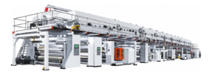 JWELL functional packaging coating and laminating line with overhead catwalk on white background