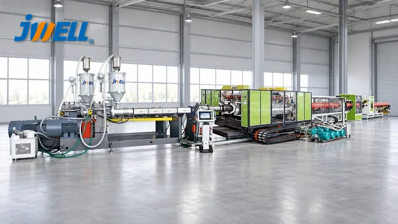 JWELL horizontal double-wall corrugated pipe extrusion line with twin hoppers and green corrugator