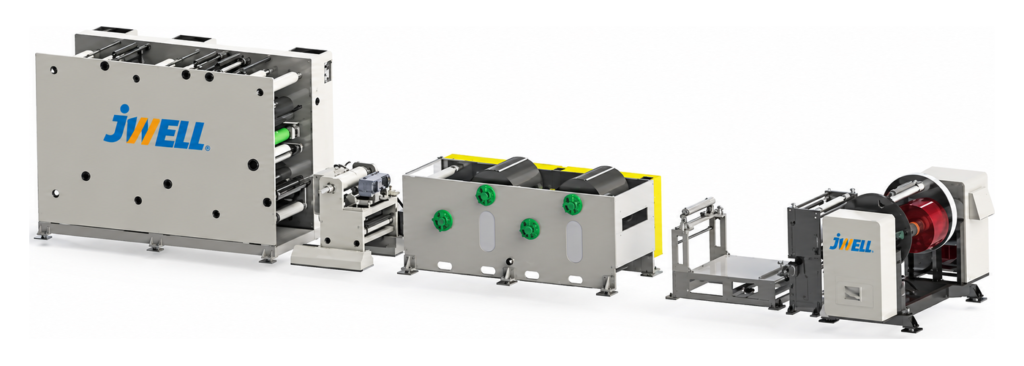 JWELL multi-functional coating and laminating line with red film roll on white background