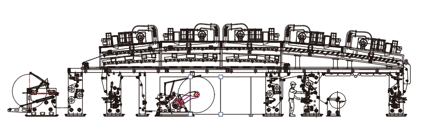 Desenho de linhas em vista lateral de uma linha de revestimento e laminação com estufas de secagem superiores