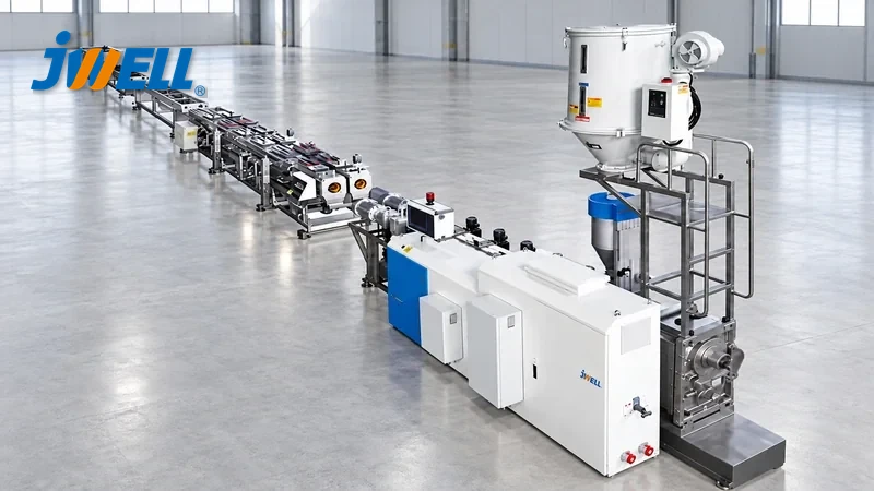 JWELL small-diameter plastic pipe extrusion line with hopper and connected downstream equipment