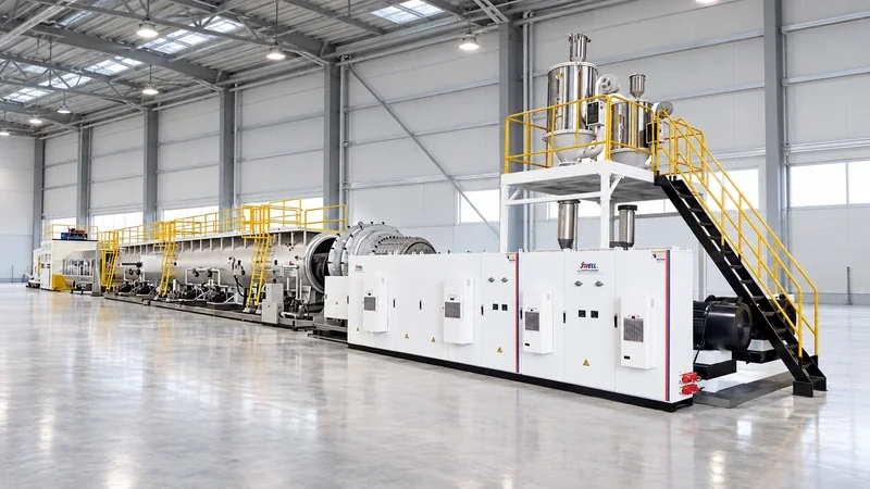 JWELL large-diameter HDPE solid-wall pipe extrusion line with yellow platform rails