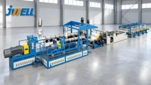 JWELL PP and PS sheet extrusion line with blue extrusion platform and roll stack