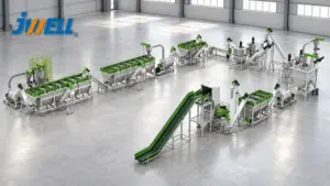 JWELL rigid plastic washing line with green covers and connected U-shaped equipment layout