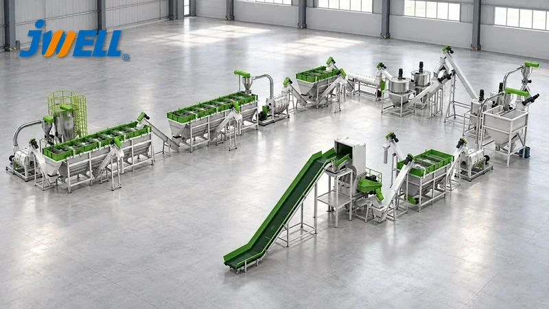 JWELL rigid plastic washing line with green covers and connected U-shaped equipment layout