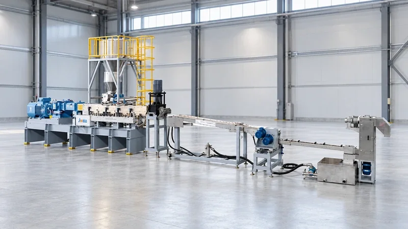 JWELL PET bottle flakes and powder recycling pelletizing line with feed hopper and downstream cutter