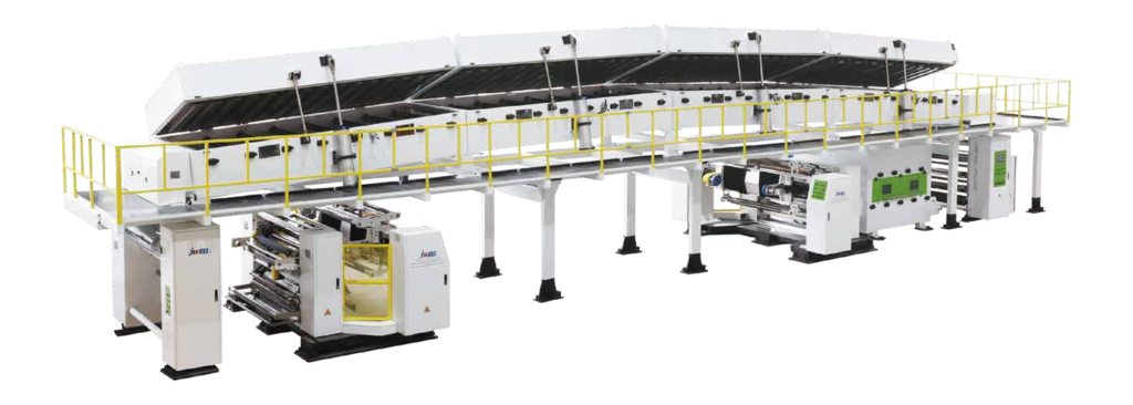 JWELL transfer release coating and laminating line with open drying hoods on white background