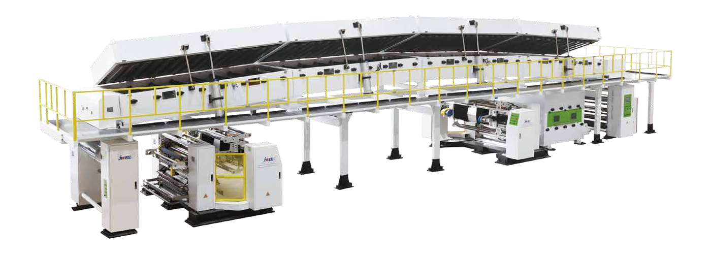 JWELL transfer release coating and laminating line with open drying hoods on white background