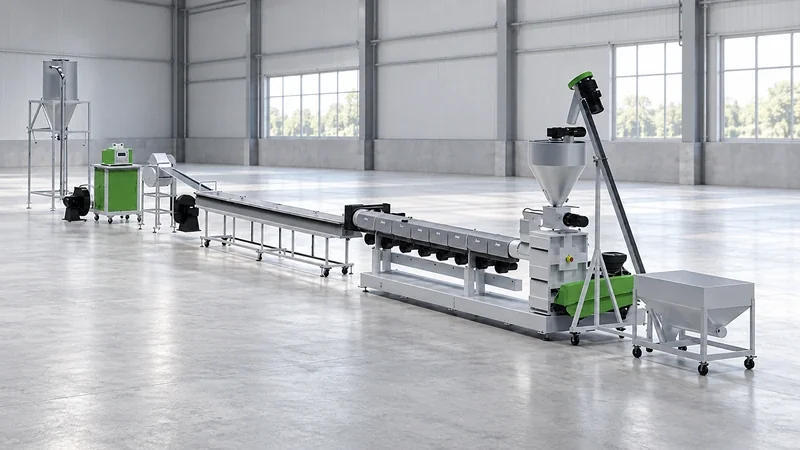 JWELL single-screw pelletizing line with gray barrel cooling trough and green downstream unit